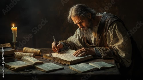 Apostle Matthew writing the Gospel at a wooden table, scattered scrolls and ink, soft candlelight creating dramatic shadows, detailed and introspective composition