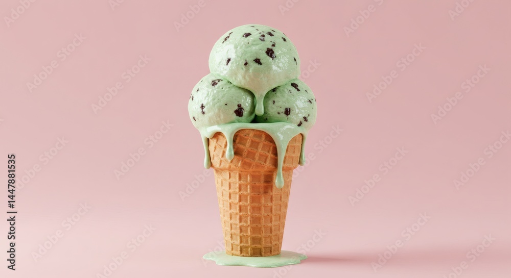 Delicious scoops of mint chocolate chip ice cream cascading down a crispy cone. Delicious scoops of mint chocolate chip ice cream cascading down a crispy cone.