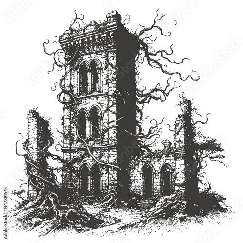 Beautiful depiction of a crumbling tower covered with vines, highlighting the beauty of natural overgrowth.