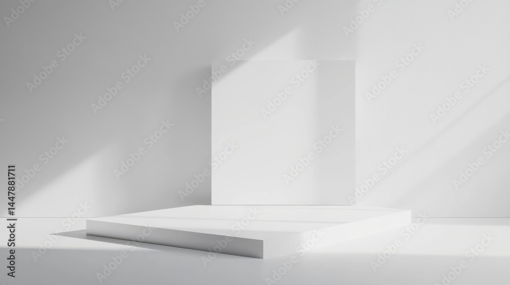 Fototapeta premium Minimalist interior scene, bright white space with geometric shapes casting shadows, ideal for modern design themes.