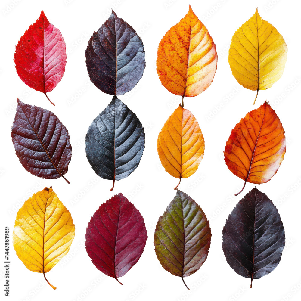 Obraz premium Vibrant autumn leaves collection nature image set studio close-up. Isolated on transparent background, png.