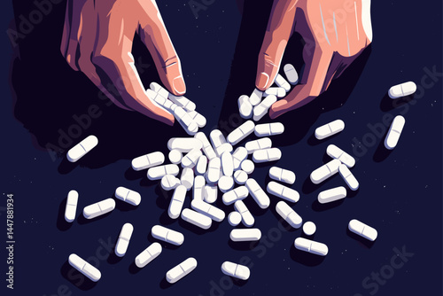 A hand pours white pills onto a dark surface.