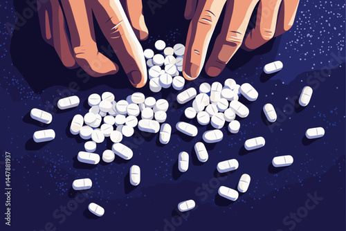 A hand pours white pills onto a dark surface.