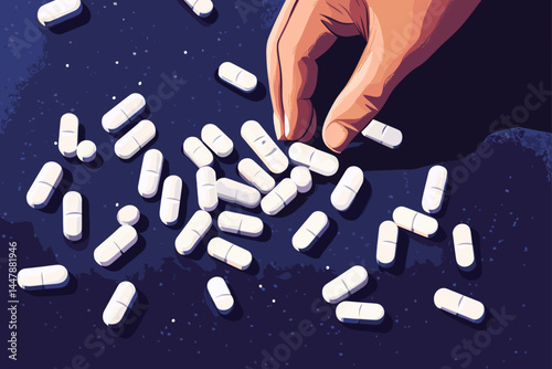 A hand pours white pills onto a dark surface.