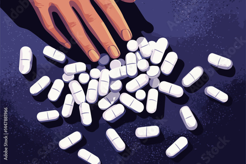 A hand pours white pills onto a dark surface.