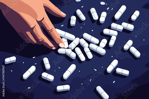 A hand pours white pills onto a dark surface.