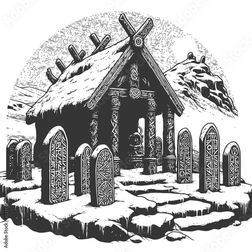 Artistic depiction of a Norse shrine draped in snow, adorned with runestones symbolizing ancient Nordic spirituality.