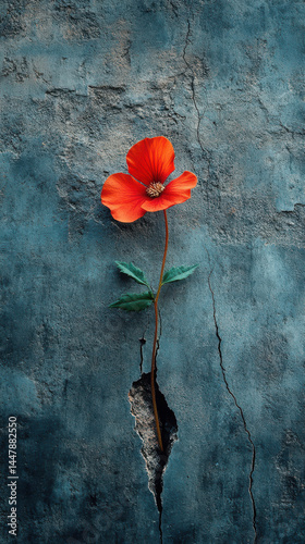 Vibrant red poppy flower emerges from crack in textured, weathered wall, symbolizing resilience and beauty in adversity. contrast between delicate flower and rough surface creates striking visual