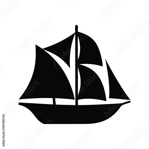 Silhouette of a sailboat with three sails, black and white design, nautical icon