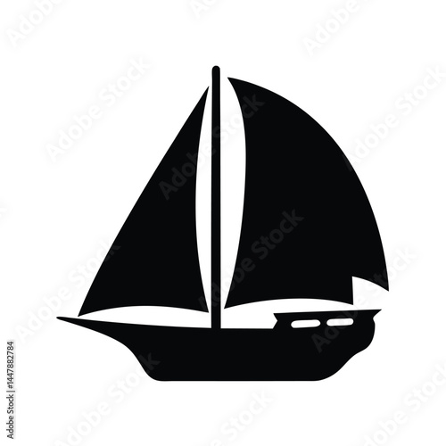 Silhouette of a sailboat with three sails, black and white design, nautical icon