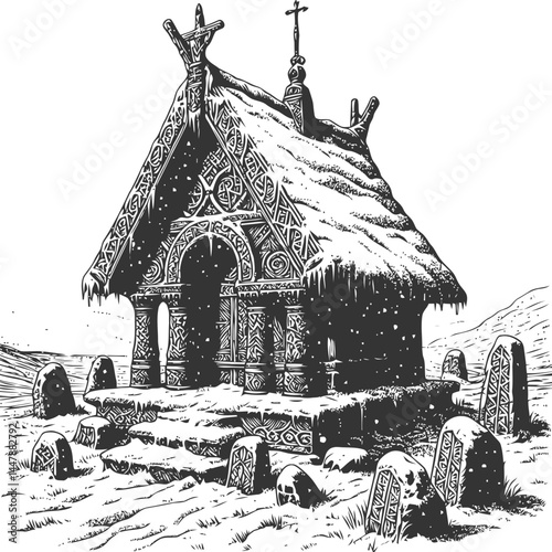 Ancient Nordic shrine covered in snow, featuring runestones that tell the rich stories of Norse heritage.
