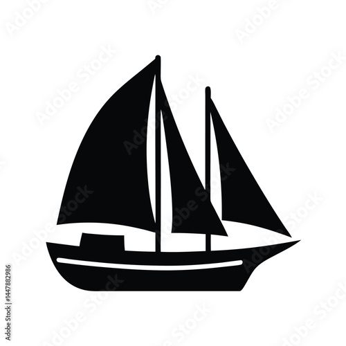 Silhouette of a sailboat with three sails, black and white design, nautical icon