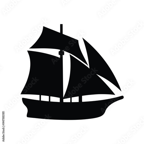 Silhouette of a sailboat with three sails, black and white design, nautical icon