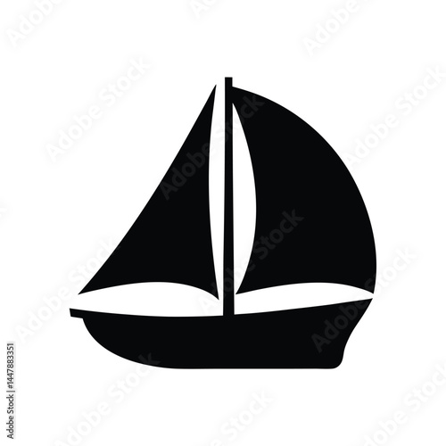 Silhouette of a sailboat with three sails, black and white design, nautical icon