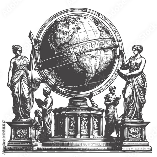 Sculptural masterpiece depicting a globe supported by statues, celebrating the harmony of global unity.
