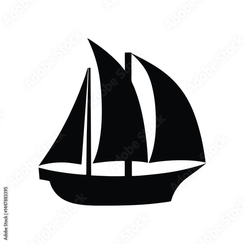 Silhouette of a sailboat with three sails, black and white design, nautical icon