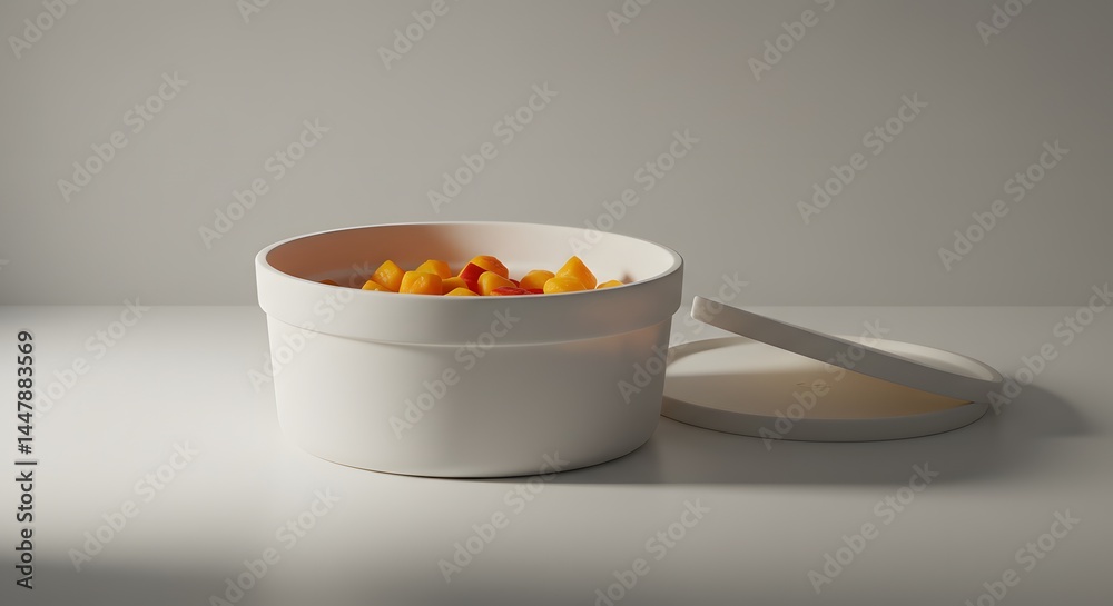 Elegant white bowl filled with fresh orange fruit pieces on a sleek surface Elegant white bowl filled with fresh orange fruit pieces on a sleek surface