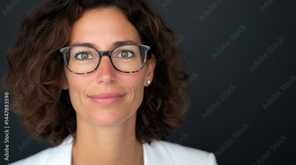 Fototapeta premium Confident woman smiling, middle-aged with curly hair and glasses, casual setting, ideal for professional profiles or success themes.