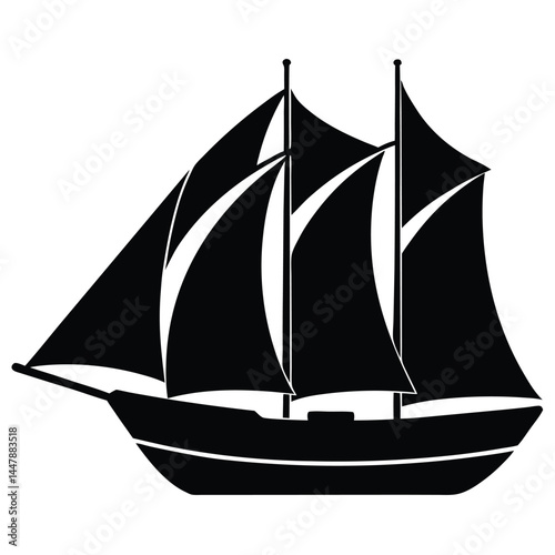 Silhouette of a sailboat with three sails, black and white design, nautical icon