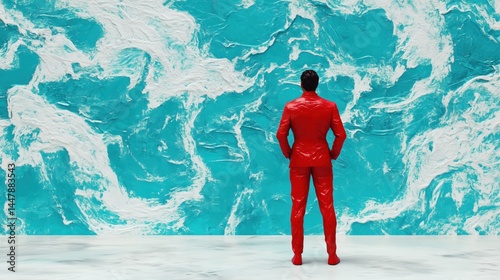 Man in red suit standing before vibrant turquoise wall, contemplating artistic mural in modern space