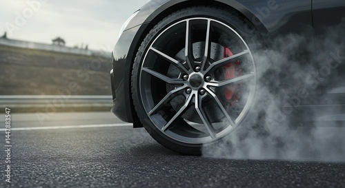 close-up of a car tire braking hard on asphalt, viewed from a low angle