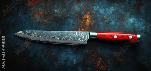 Damascus Steel Chef Knife with Red Wooden Handle on Rustic Background