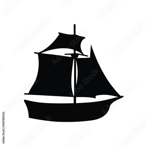 Silhouette of a sailboat with three sails, black and white design, nautical icon