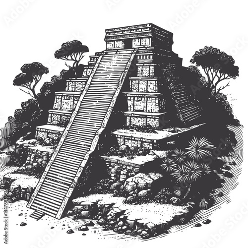 Mayan temple with intricate details perched atop a stepped cliff showcasing cultural and architectural excellence.