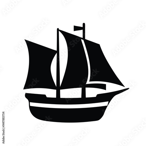 Silhouette of a sailboat with three sails, black and white design, nautical icon