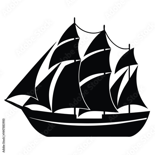 Silhouette of a sailboat with three sails, black and white design, nautical icon