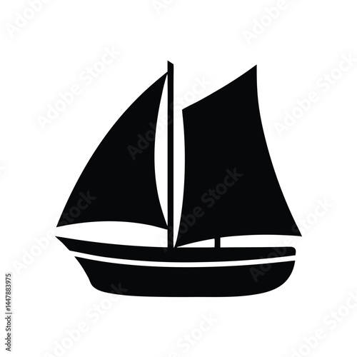 Silhouette of a sailboat with three sails, black and white design, nautical icon