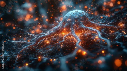 Close-up of a glowing neuron with intricate dendrites, showcasing vibrant colors and dynamic energy, perfect for science and technology themes.