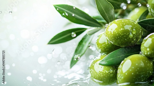 Fresh green olives cascading with water droplets on a white background