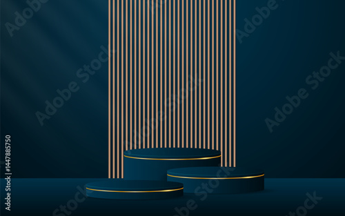 Multi-tiered blue podium with elegant golden lines with brown slatted backdrop for advertisement display. Display of cosmetic products. stage or podium. vector illustration