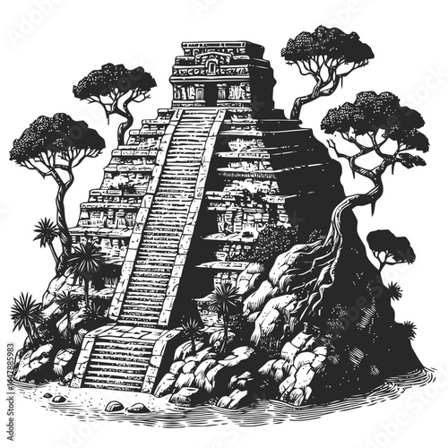 Beautiful tiny Mayan temple on a rugged stepped cliff, showcasing intricate historic details and architectural artistry.