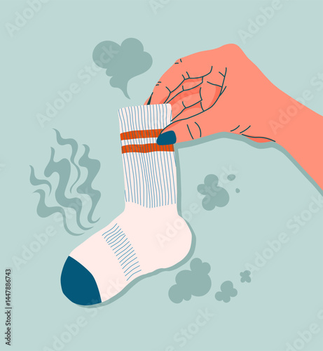 Hand holding smelly sock. Dirty stinky sock, sweaty used clothes with bad smell. Cartoon vector colorful illustration.