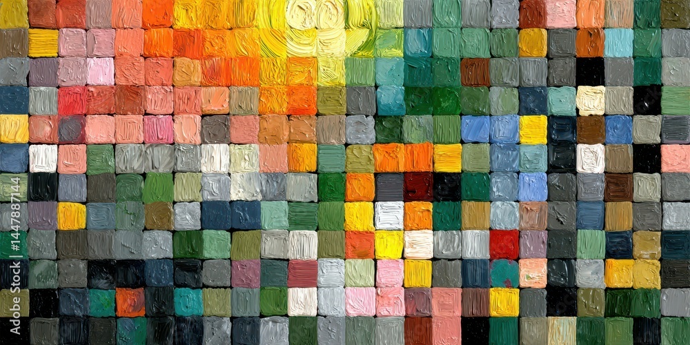 Fototapeta premium Colorful abstract mosaic artwork radiates vibrant energy in a creative studio space during daytime