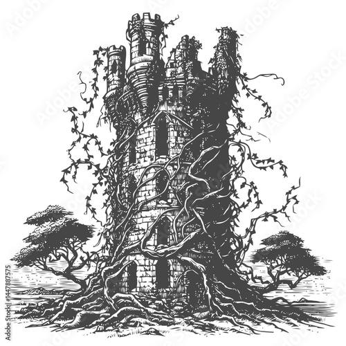 Charming old tower embraced by lush vines, a stunning representation of historic architecture reclaimed by nature.