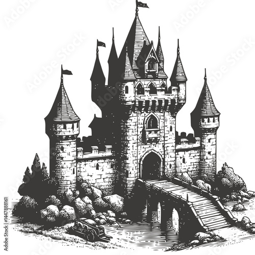 Picturesque medieval castle depicted in a tiny format with a well-designed drawbridge and lush historic surroundings.