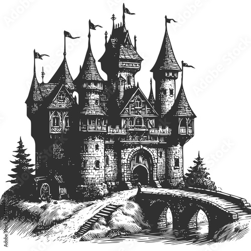 Tiny medieval castle with a functional drawbridge set amidst lush greenery and reflecting historic architectural elegance.