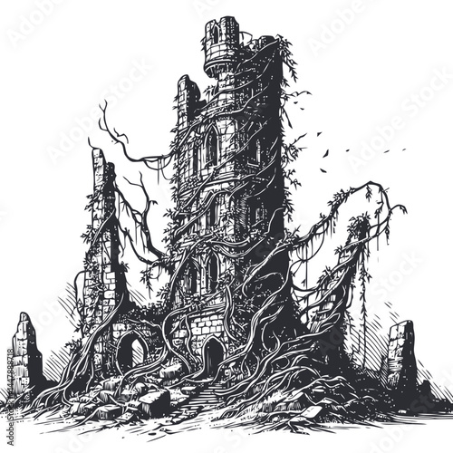 Intriguing old tower wrapped in vibrant vines, symbolizing the harmonious coexistence of nature and history.