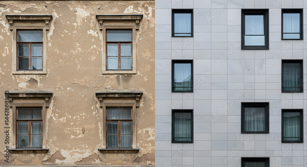 Old Versus New Building Facades Featuring Architectural Windows with Weathered Textures and Symmetrical Panel Design Old Versus New Building Facades Featuring Architectural Windows with Weathered Textures and Symmetrical Panel Design