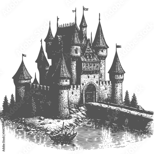 Tiny medieval castle with a beautifully detailed drawbridge and surrounded by serene landscapes and intricate stone patterns.
