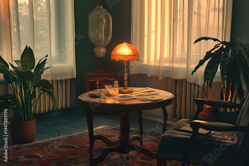 Cozy interior scene with warm lighting and vintage decor in a quiet living room during late afternoon