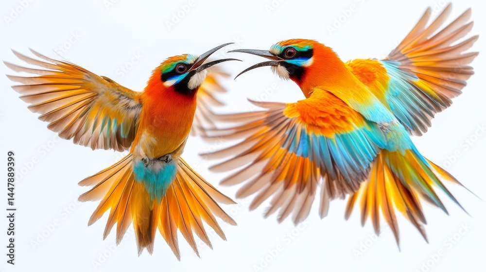 Obraz premium Two colorful birds in flight, facing each other with open beaks.