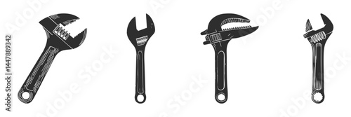 Adjustable Wrenches Silhouette Set. Essential Tools For Repair And Maintenance Tasks. Isolated Vector Illustration Collection