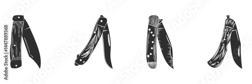 Pocket Knives Silhouette Set. Vintage Folding Blades Collection For Outdoor And Survival Themes. Isolated Vector Illustration Collection