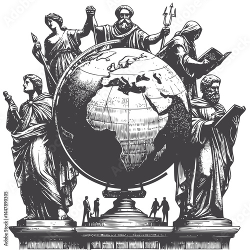 Artistic globe-bearing statue monument, reflecting themes of unity, strength, and global harmony.