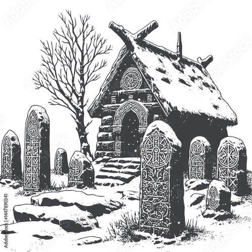 Mystical snow-covered shrine with runestones, a testament to the enduring legacy of Norse mythology and heritage.