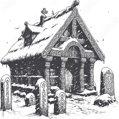Historic Norse shrine with snow-covered runestones, representing the essence of Nordic culture and mythology.